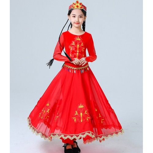 Girls children red blue Chinese Xinjiang dance costumes kids minorities Uyghur dance long skirts 